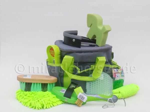 6 teiliges Putz Set Putzbeutel Tasche mit Inhalt Hufkratzer Massage Bürsten Neu 