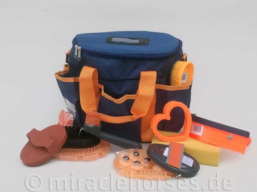 Kerbl Putztasche mit Deckel inkl. Putzset (12-teilig), Navy/Orange